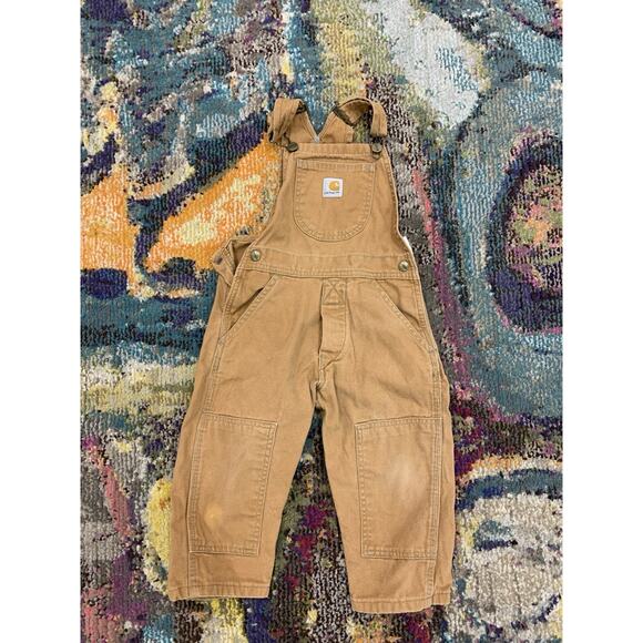 Carhartt Brown Bib Double Knee Overalls Snap 3T Adjustable Straps - Picture 1 of 4